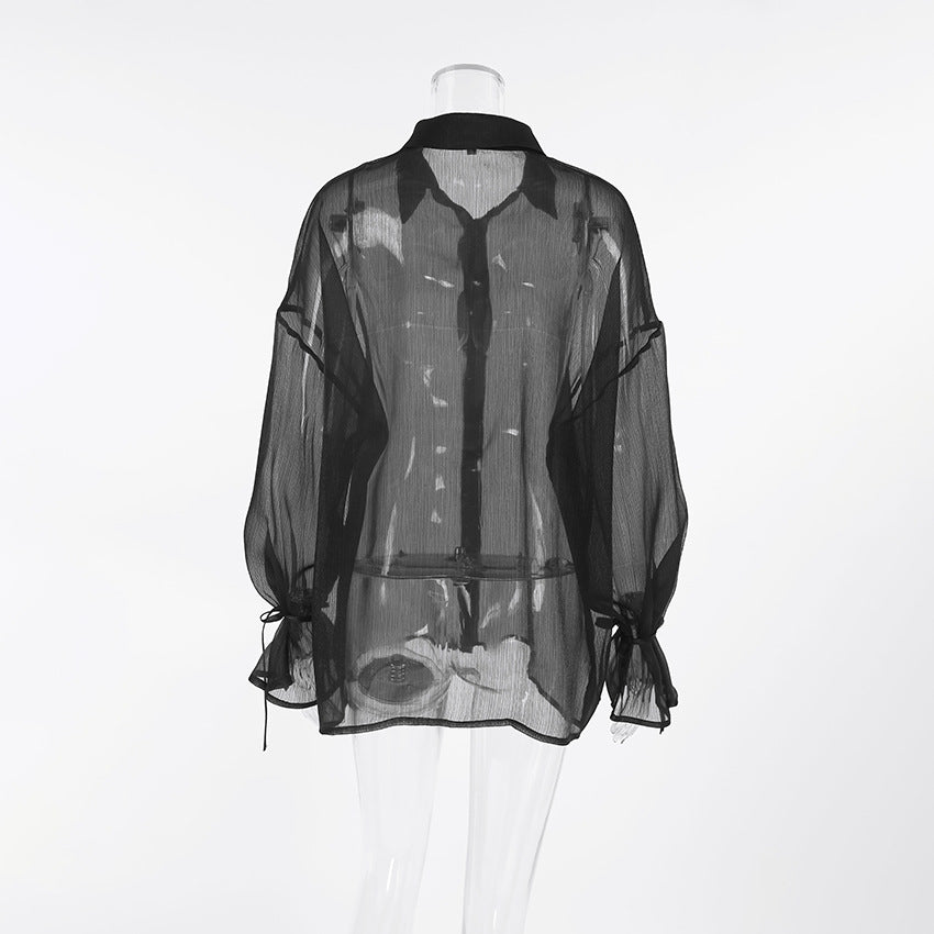 Black sexy mesh lapel puff sleeve ladies shirt