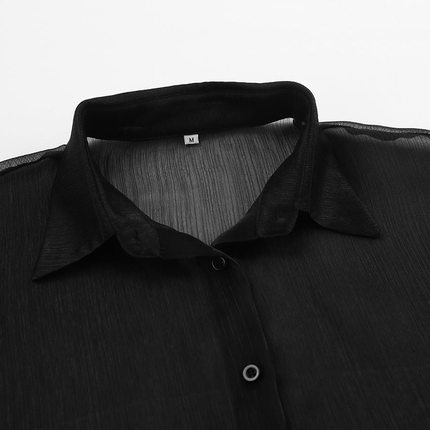Black sexy mesh lapel puff sleeve ladies shirt