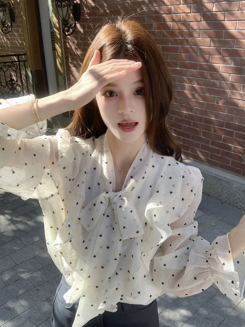 French high-end ruffled polka dot shirt
