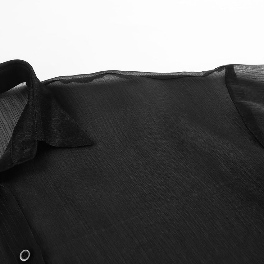 Black sexy mesh lapel puff sleeve ladies shirt