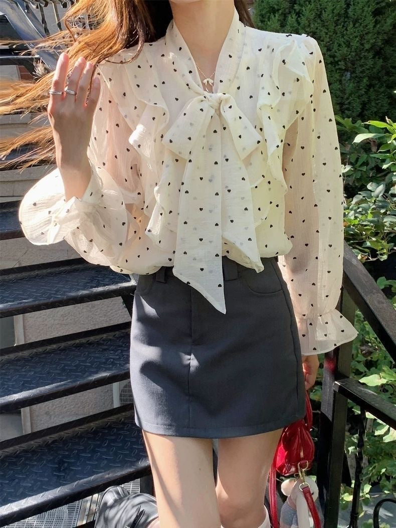 French high-end ruffled polka dot shirt