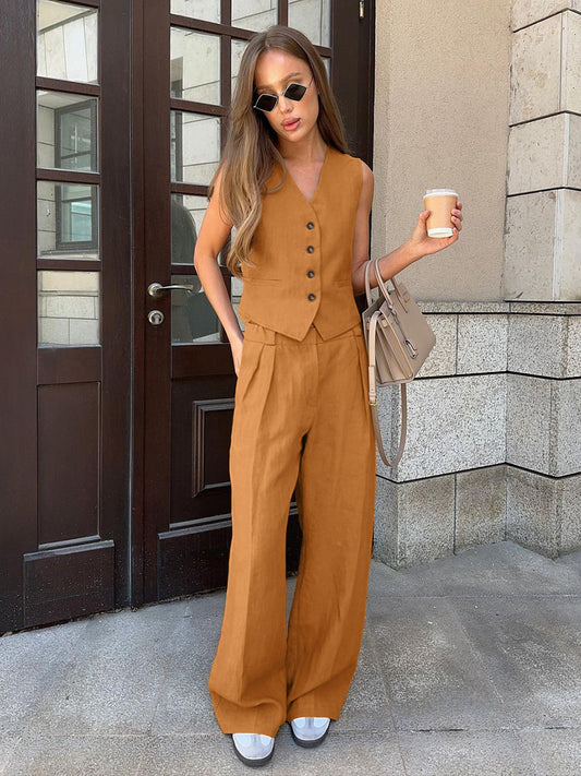 Cotton and Linen Commuter V-Neck Vest Trousers Two-Piece Set
