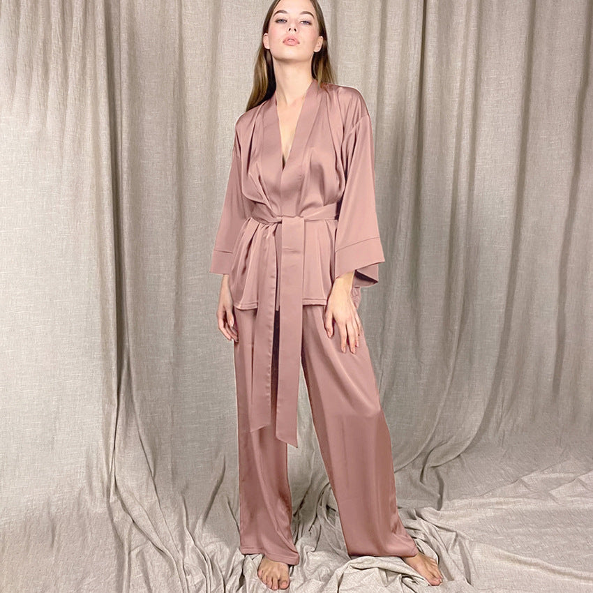 New Satin Long Sleeve Cardigan Lace-Up Nightgown