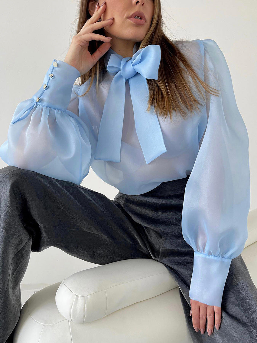 Spring European and American sexy perspective mesh long-sleeved top