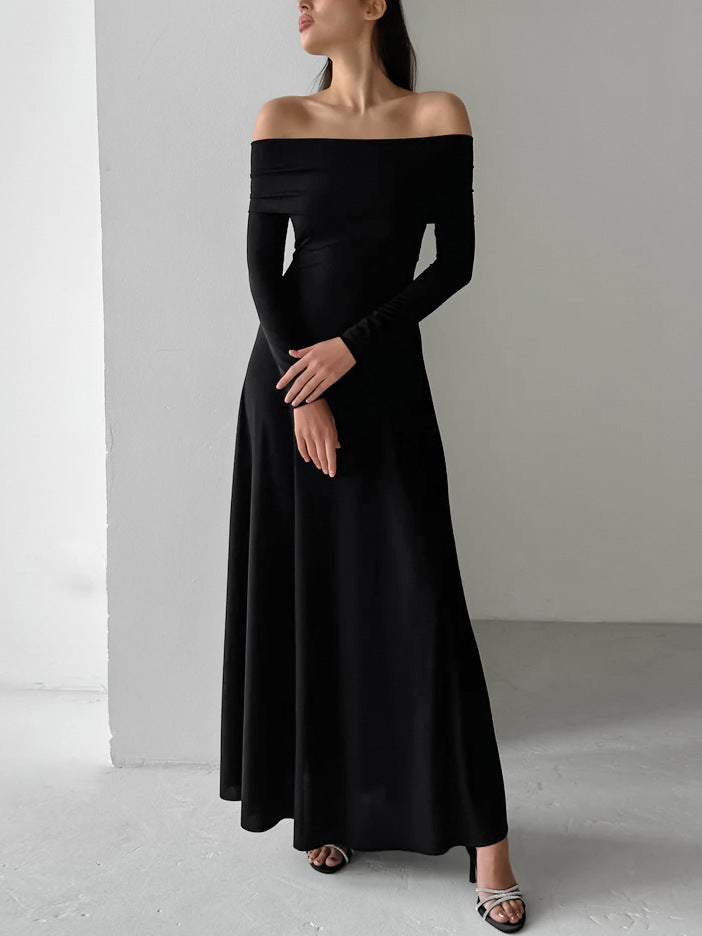 French brushed knitted boat neckline slim high waist pullover dress