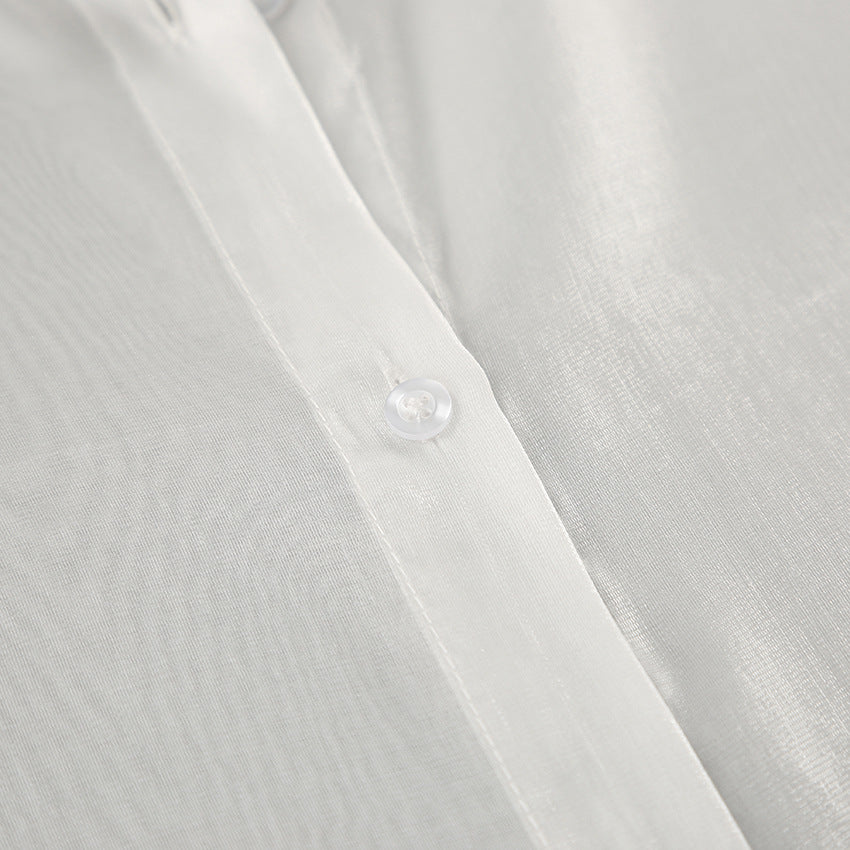 New White Lapel Sexy See-Through Gauze Shirt