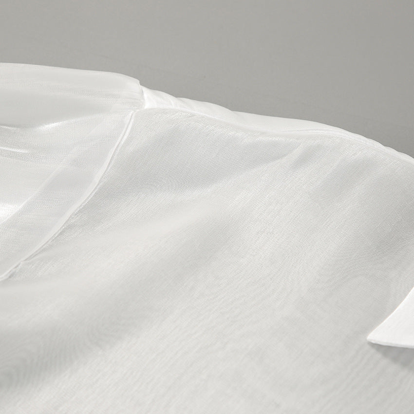 New White Lapel Sexy See-Through Gauze Shirt