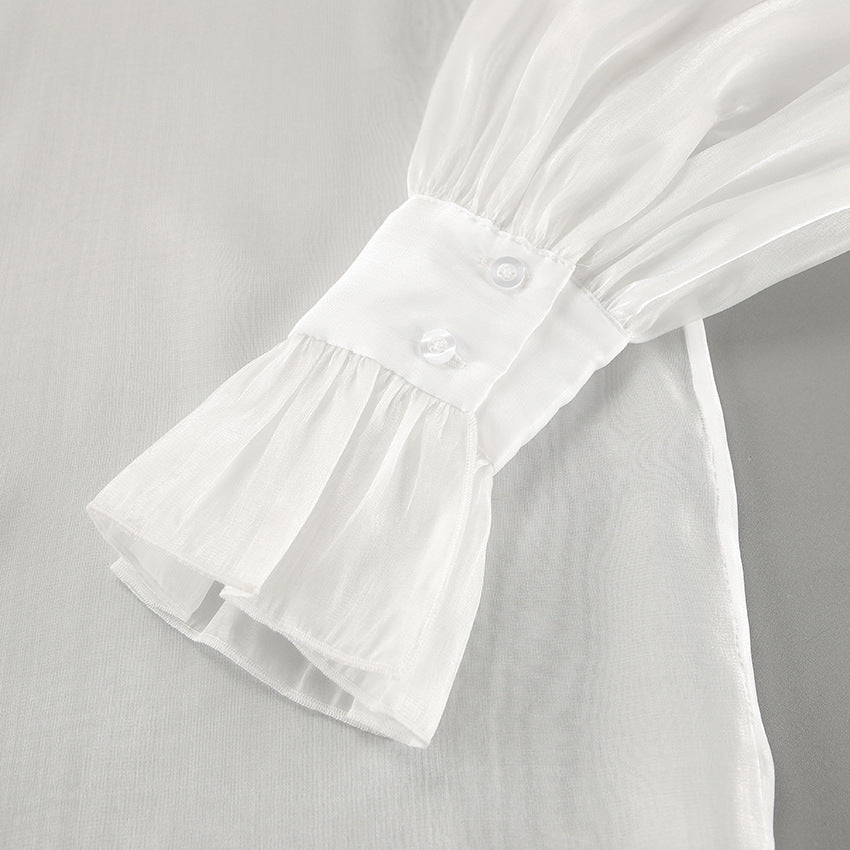 New White Lapel Sexy See-Through Gauze Shirt
