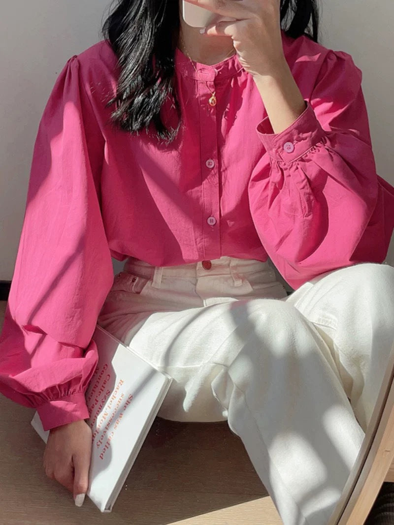 Spring and Autumn Cream Yellow Round Neck Long Sleeve Shirt