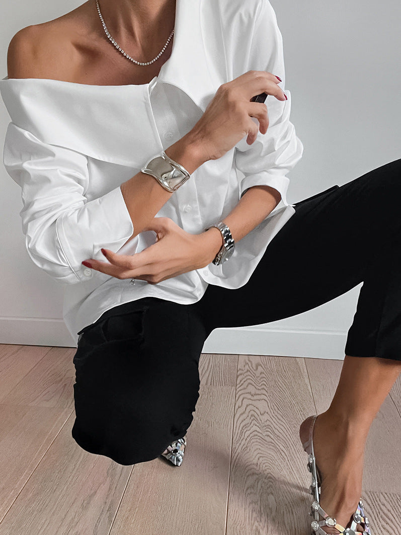 White Irregular Neck Sexy Off-the-shoulder Blouse