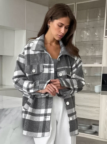 New autumn and winter plaid loose lapel tie woolen coat