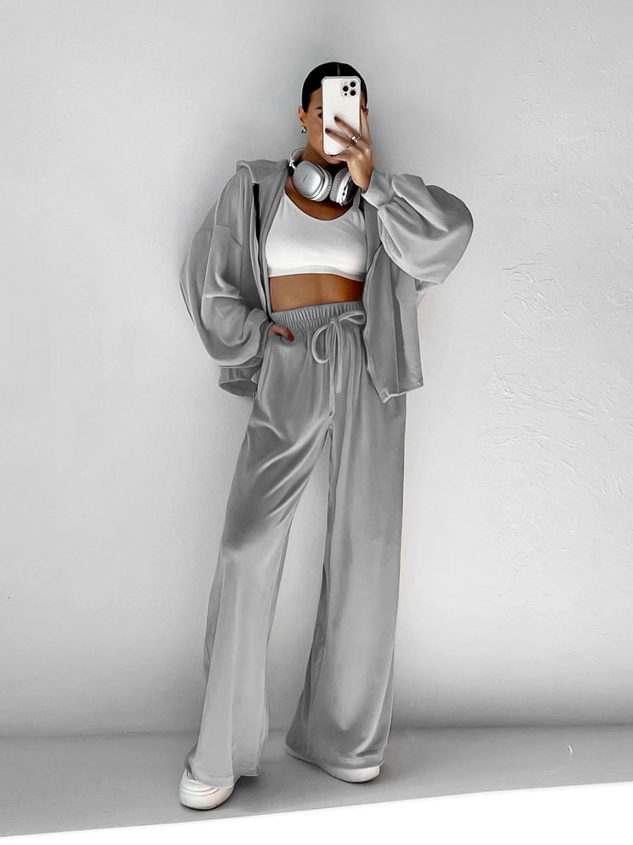 Knitted Liss Velvet Hooded Long Sleeve Pants Sports Suit