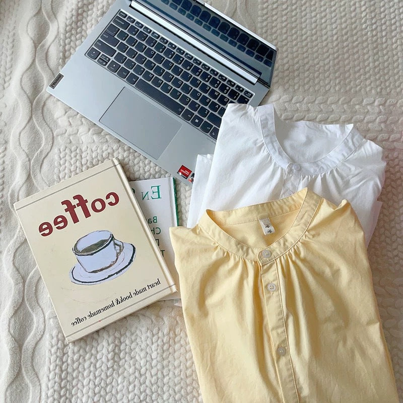 Spring and Autumn Cream Yellow Round Neck Long Sleeve Shirt