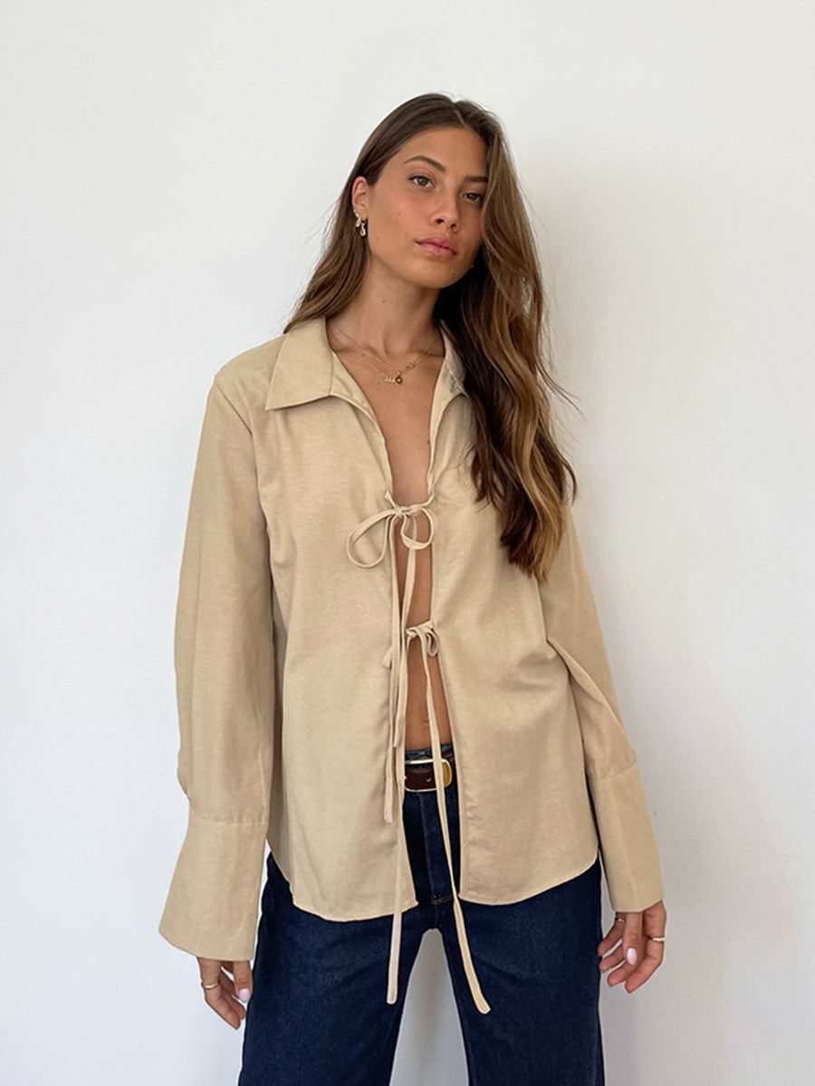 Sexy slightly transparent loose lapel long-sleeved shirt lining
