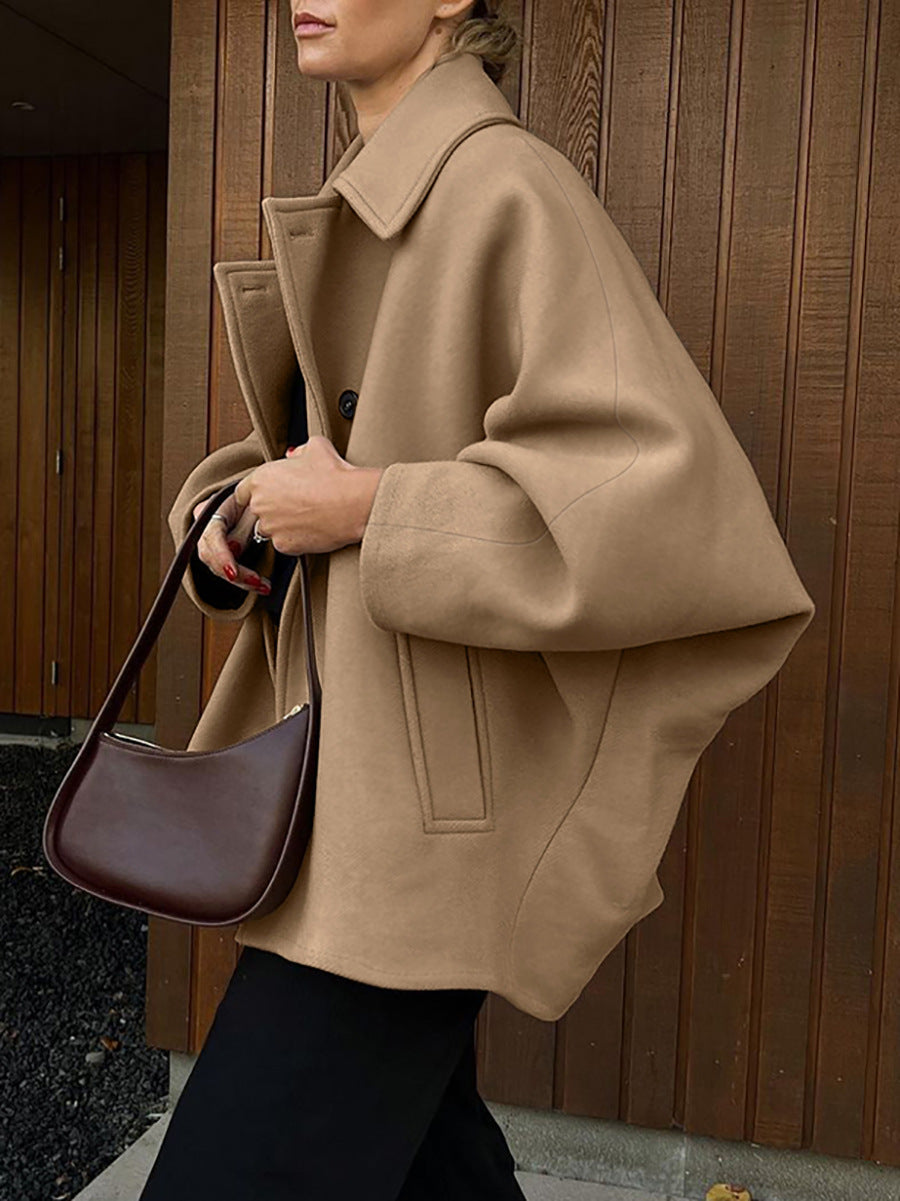 Autumn fashion high-end brown woolen lapel bat sleeve cardigan jacket
