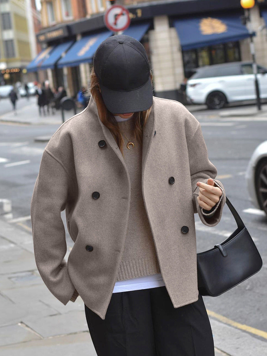 Brown French V-neck double-breasted woolen jacket