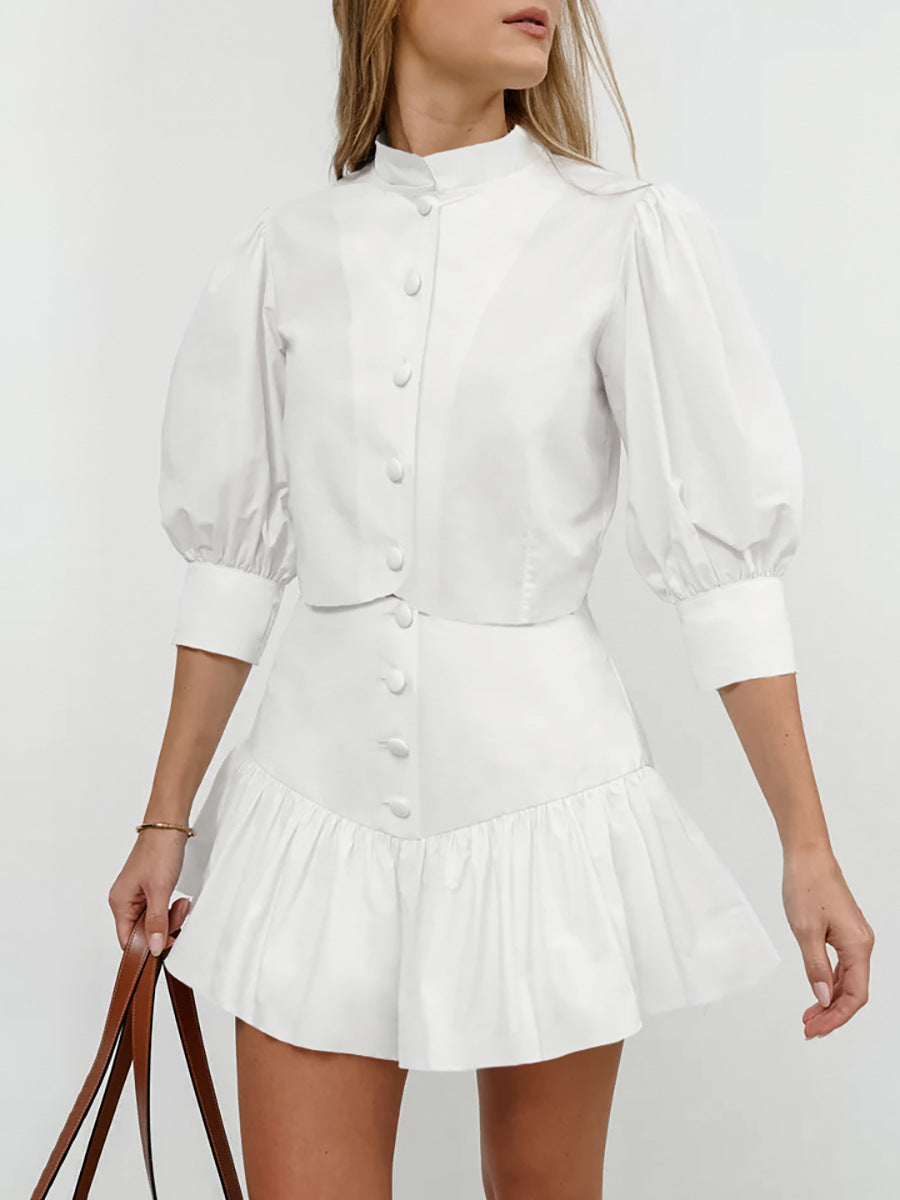 Cotton and linen white small stand-up collar short skirt two-piece suit