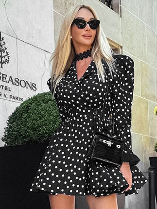 Puff Sleeve Polka Dot Lace-Up A-Line Dress