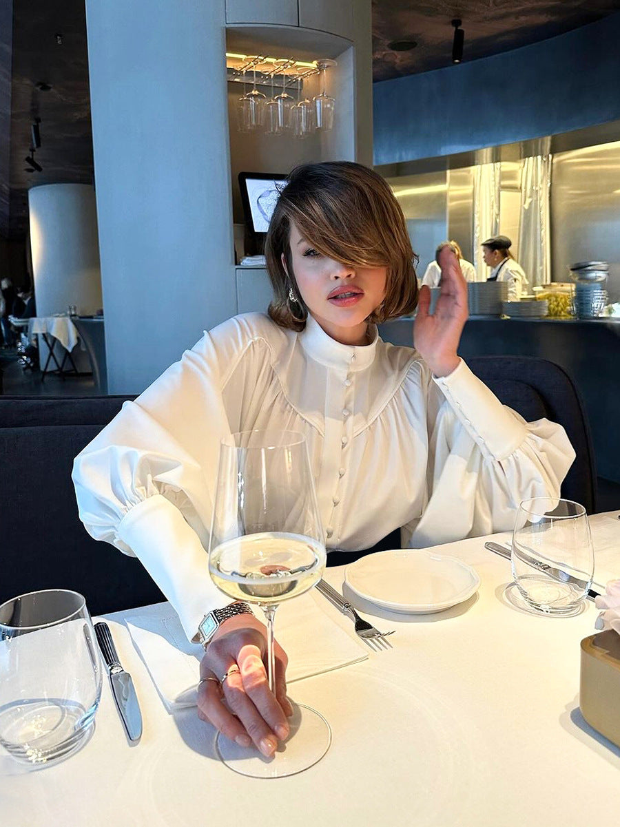 Stand collar lantern sleeve pleated commuter style women's shirt