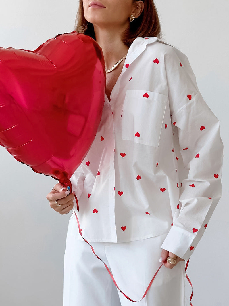 Heart Print Cotton and Linen Lapel Blouse