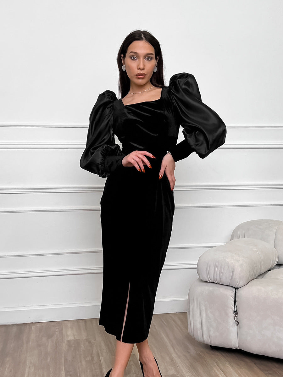 Black sexy square neck puff sleeve knitted dress