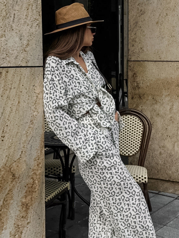 New cotton and linen crepe leopard print high waist leisure suit