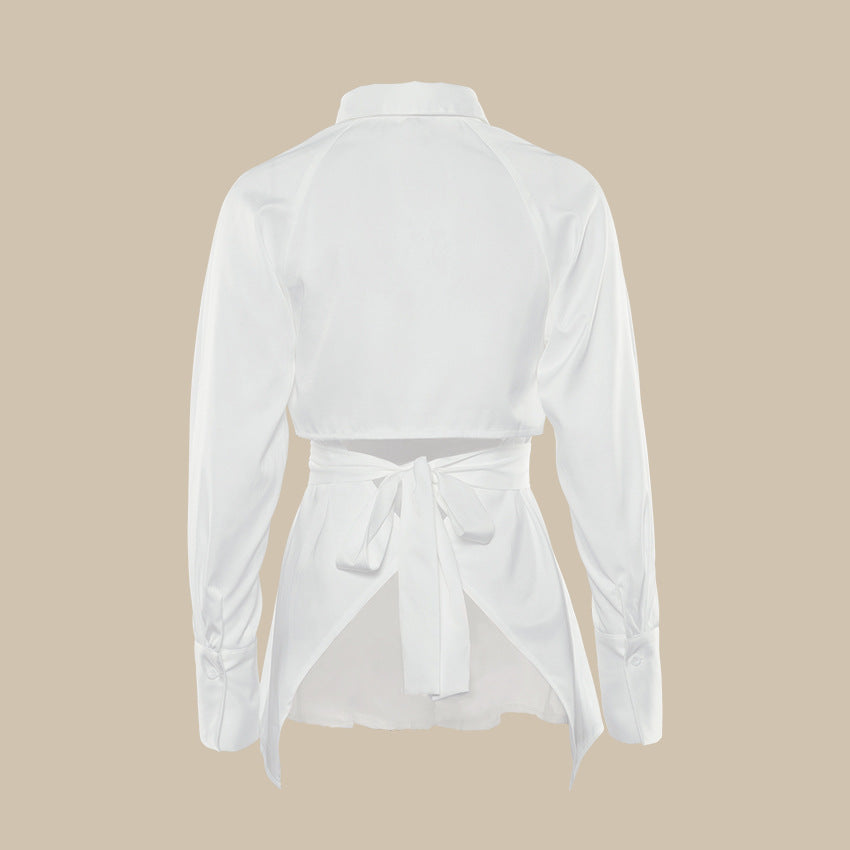 Waist-length open-back hollow tie shirt top