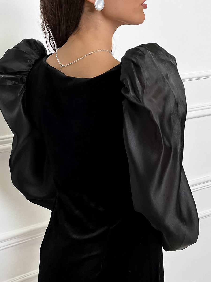 Black sexy square neck puff sleeve knitted dress