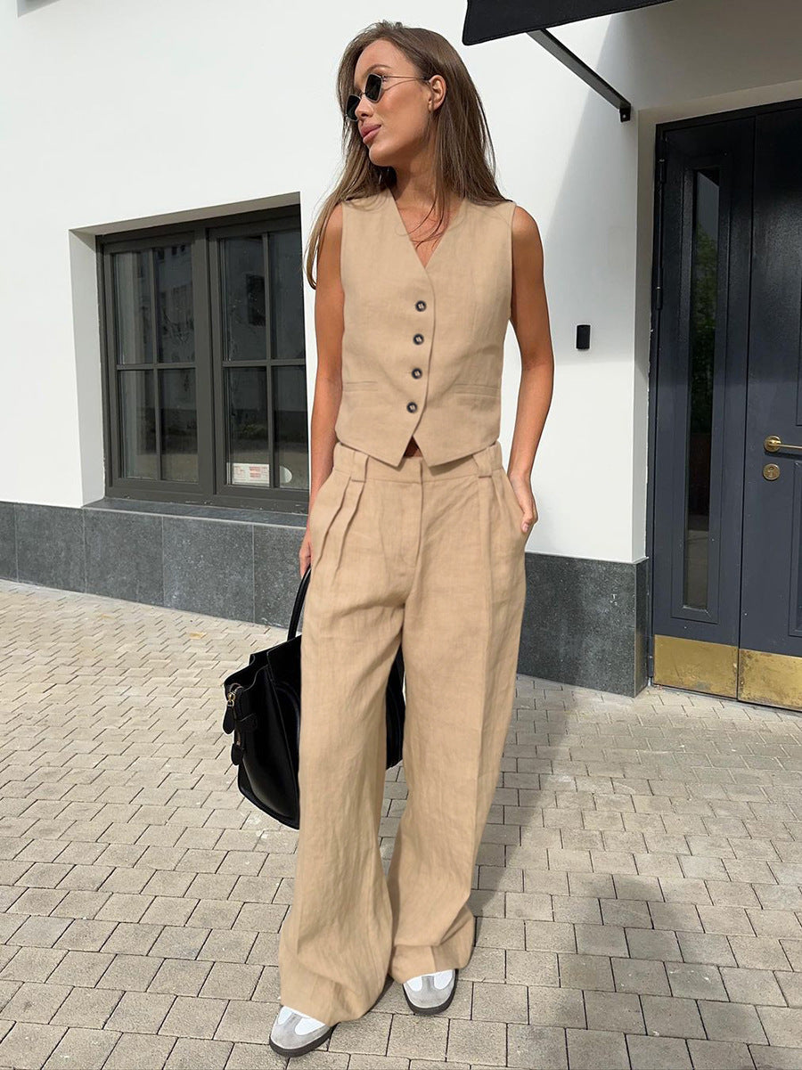 Cotton and Linen Commuter V-Neck Vest Trousers Two-Piece Set