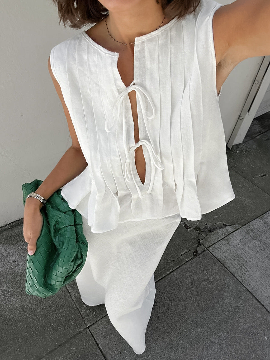 Versatile White Cotton Sexy V-Neck Sleeveless Vest Slit Skirt Two-Piece Set