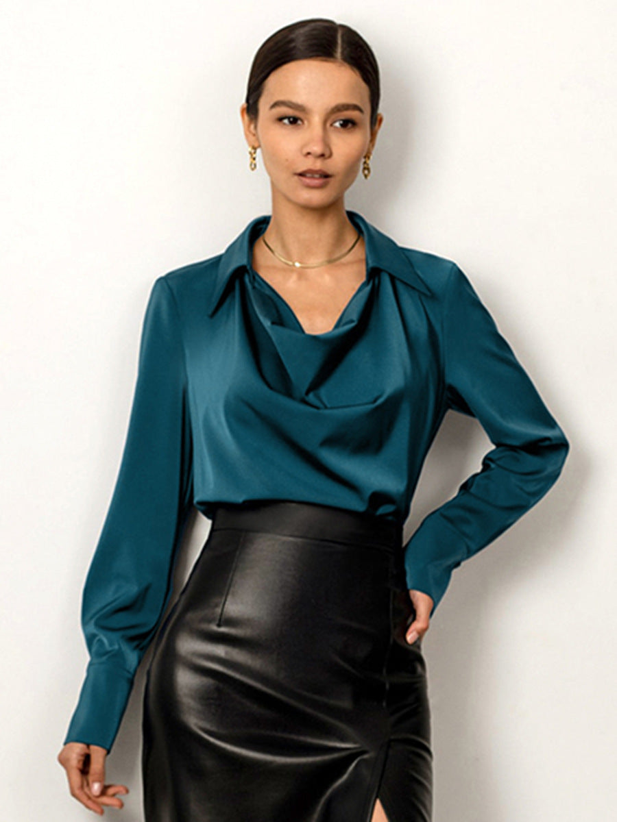 Light mature tops long sleeves women's irregular collar drape shirt