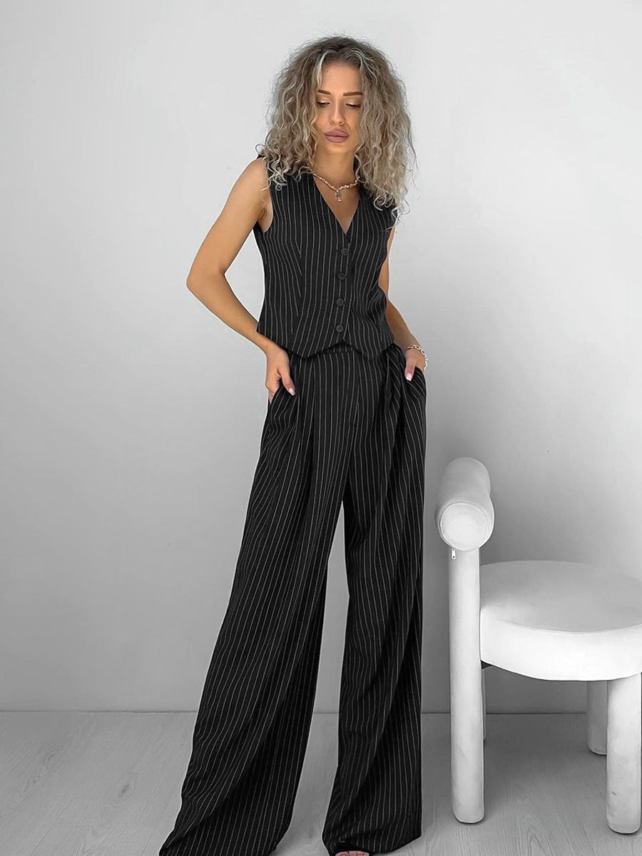 V-neck sleeveless vest mid-waist slim wide-leg pants two-piece set