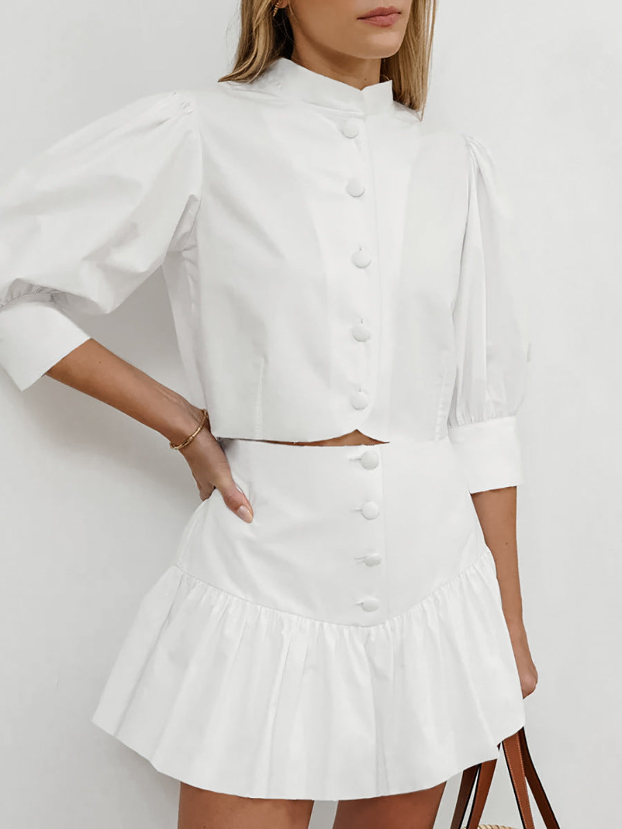 Cotton and linen white small stand-up collar short skirt two-piece suit