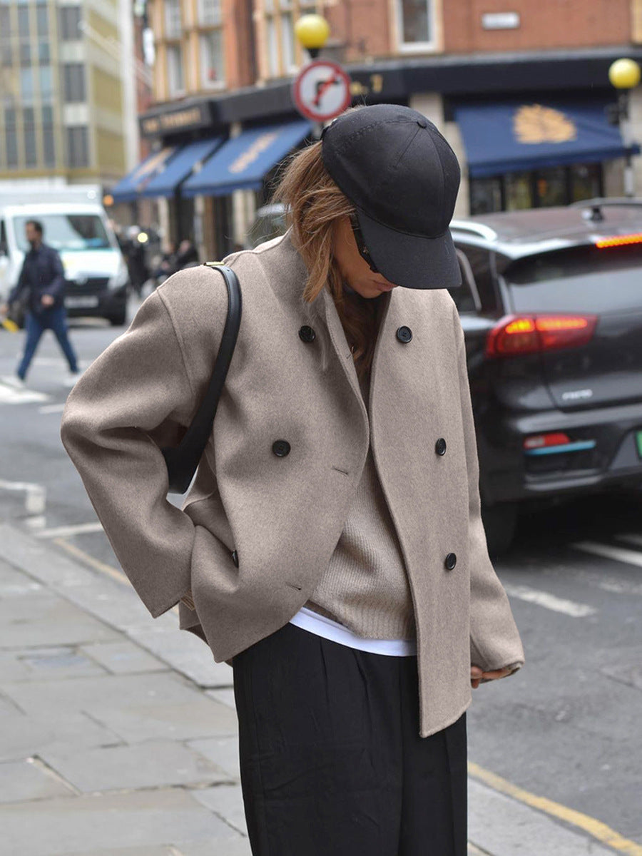 Brown French V-neck double-breasted woolen jacket