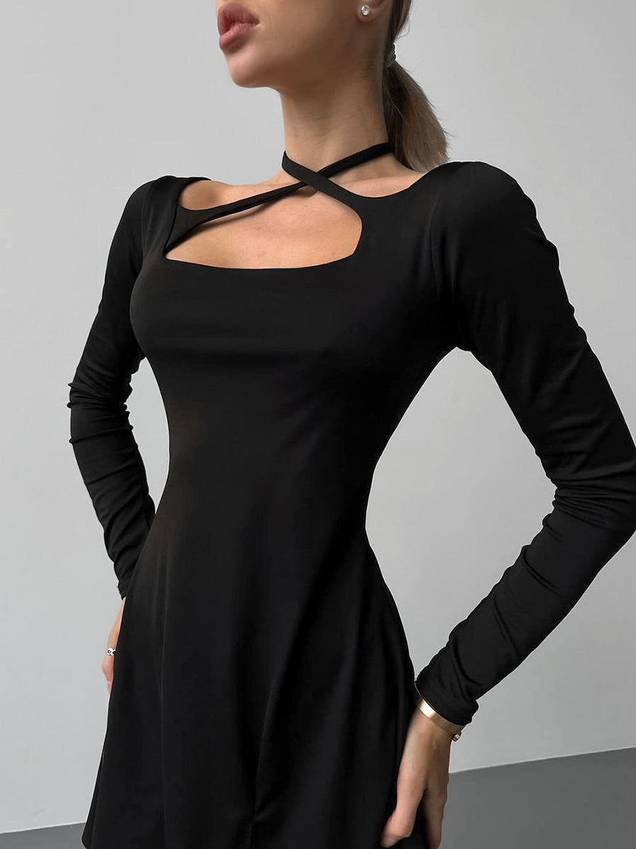 Autumn and winter black sexy slim fit knitted square neck design lace-up dress