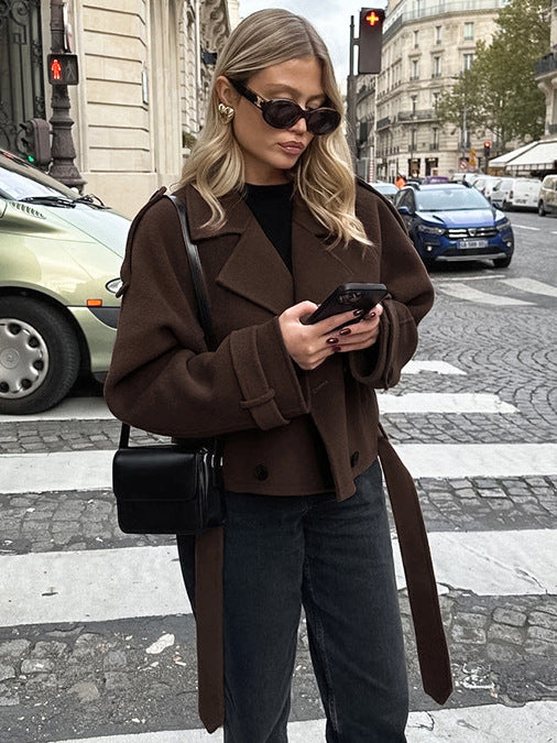 European and American autumn and winter new style lapel style double row button woolen coat