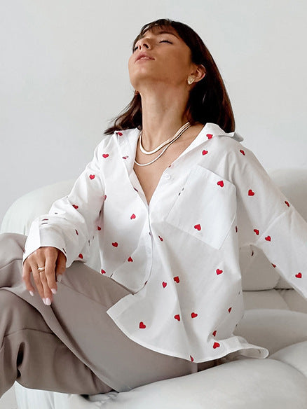 Heart Print Cotton and Linen Lapel Blouse