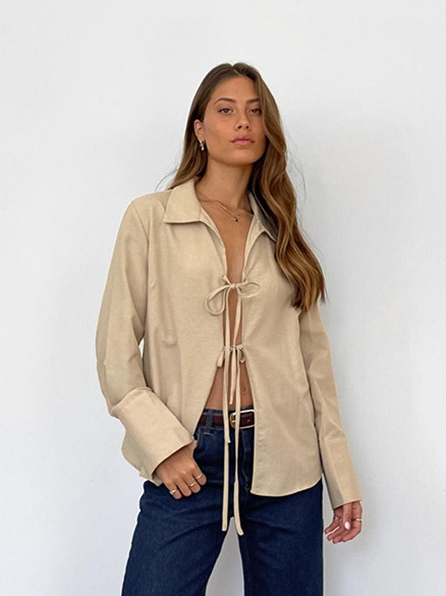 Sexy slightly transparent loose lapel long-sleeved shirt lining