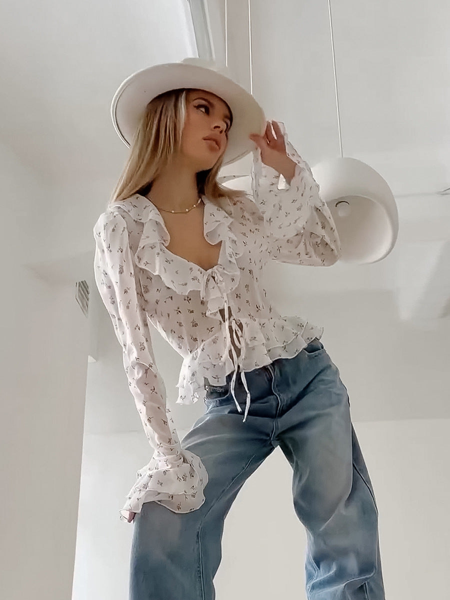 French elegant chiffon printed shirt