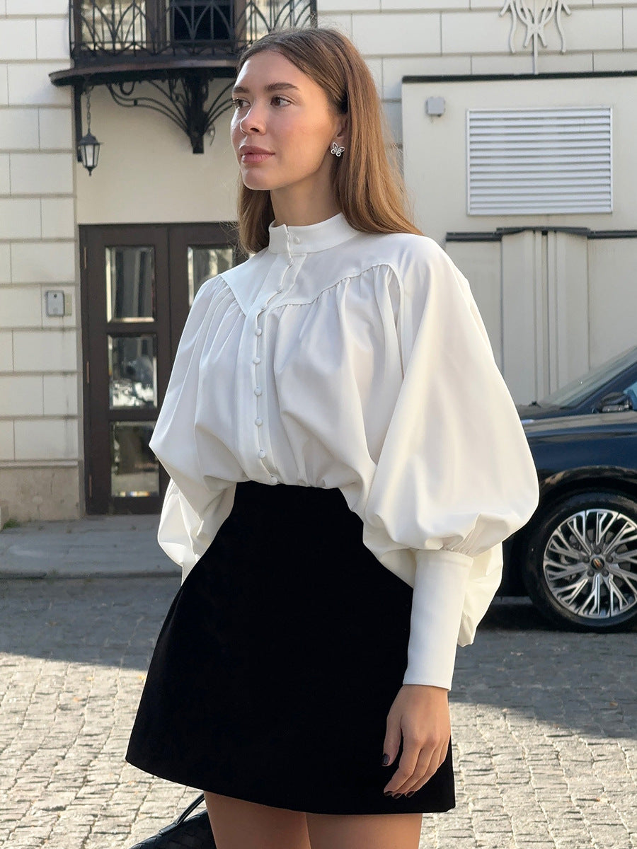 Stand collar lantern sleeve pleated commuter style women's shirt