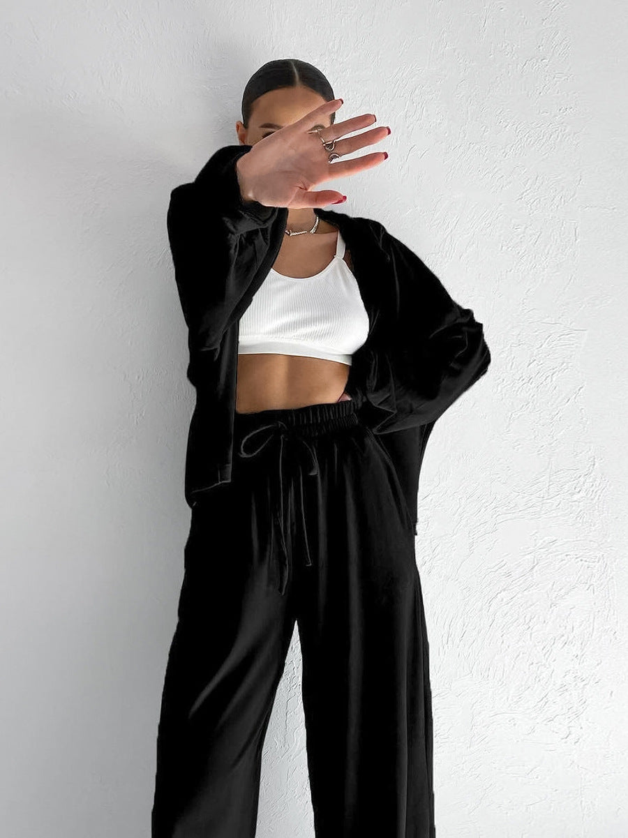 Knitted Liss Velvet Hooded Long Sleeve Pants Sports Suit