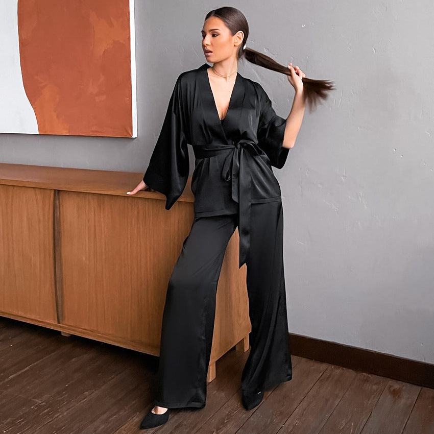 New Satin Long Sleeve Cardigan Lace-Up Nightgown