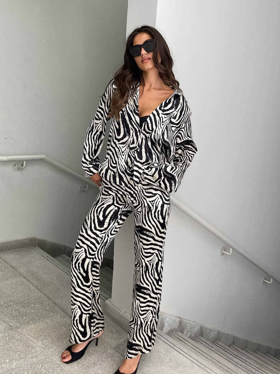 Autumn fashion zebra pattern street style casual loose long-sleeved trousers