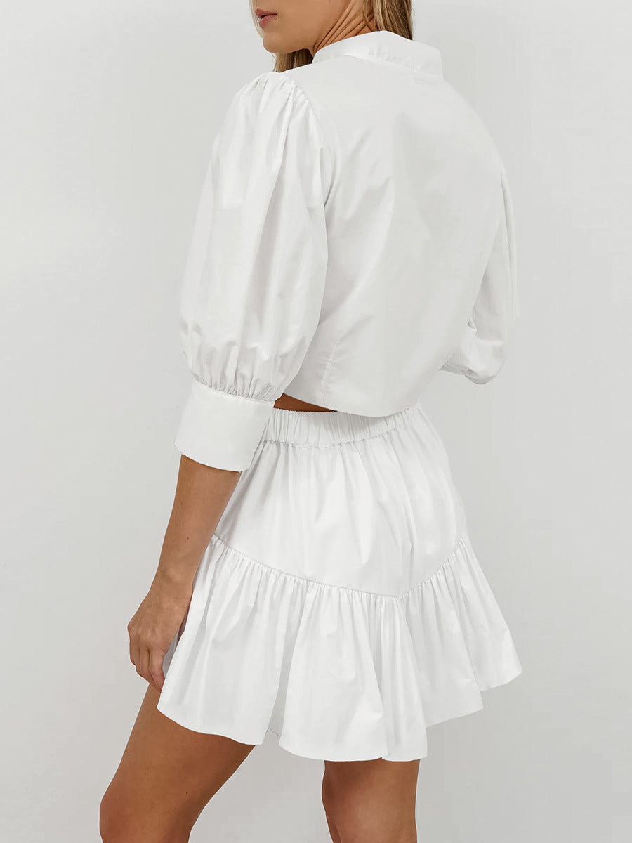 Cotton and linen white small stand-up collar short skirt two-piece suit