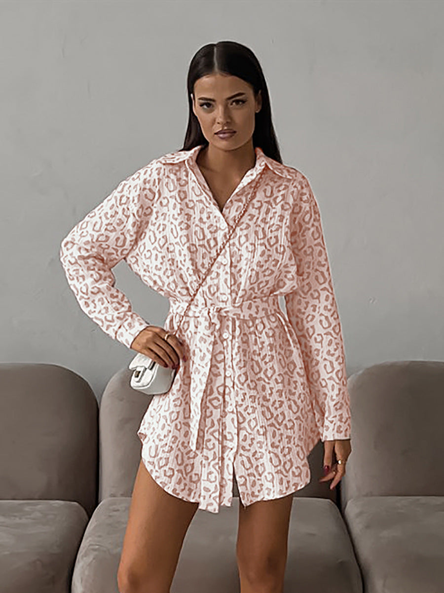 Leopard print long-sleeved shirt with tie waist