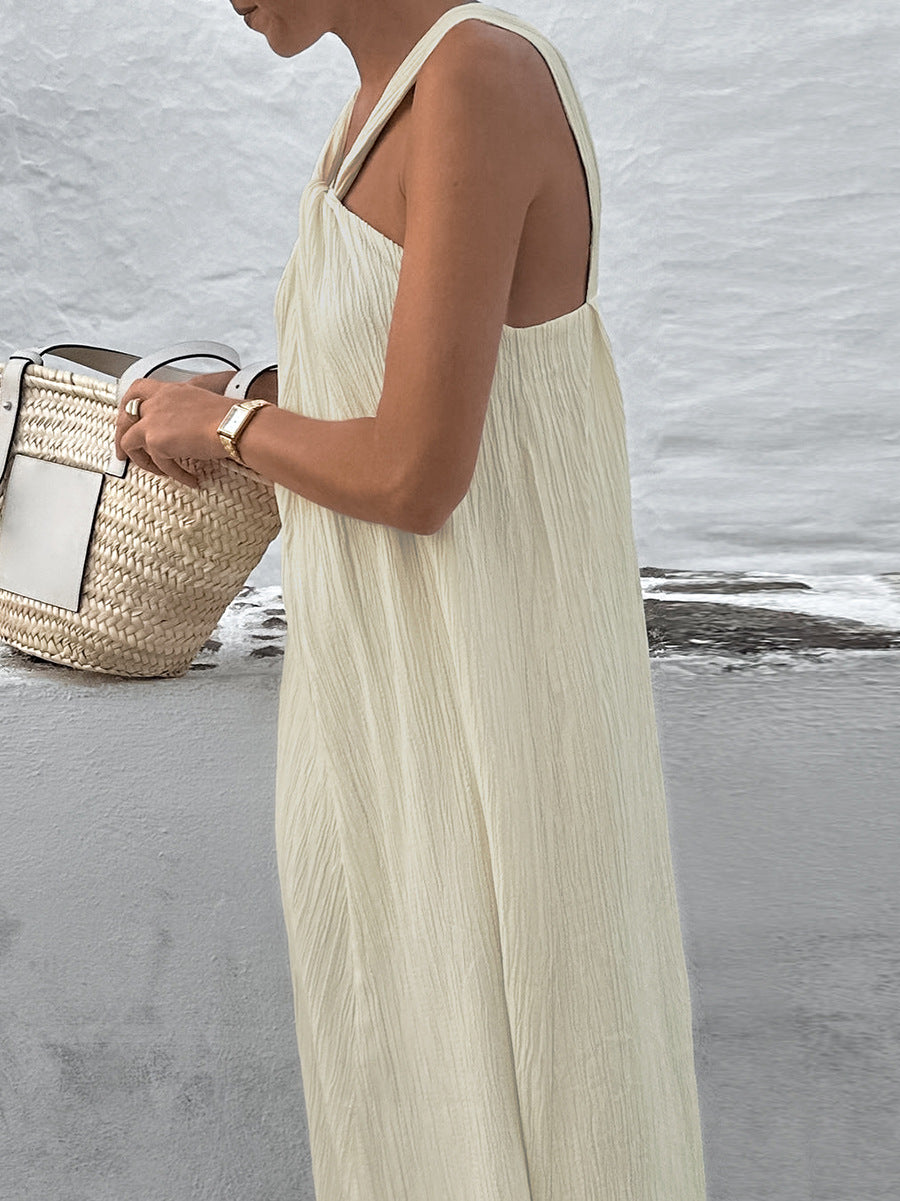 Beige Sleeveless Halter Neck Beach Casual Dress