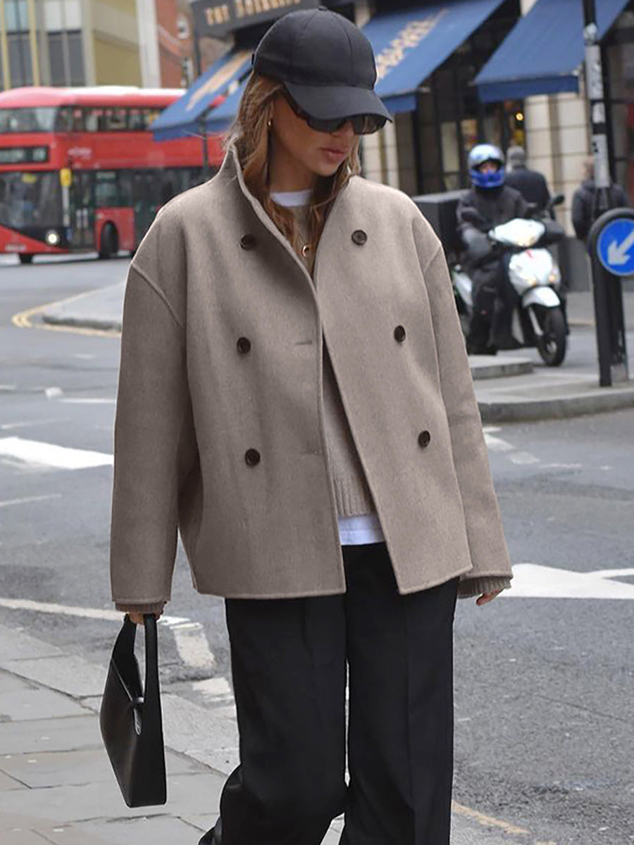 Brown French V-neck double-breasted woolen jacket