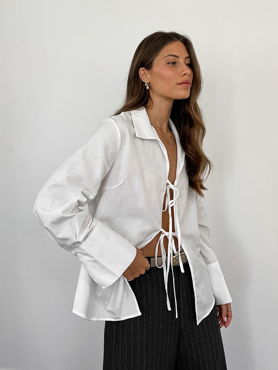 Sexy slightly transparent loose lapel long-sleeved shirt lining