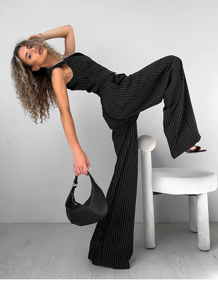 V-neck sleeveless vest mid-waist slim wide-leg pants two-piece set