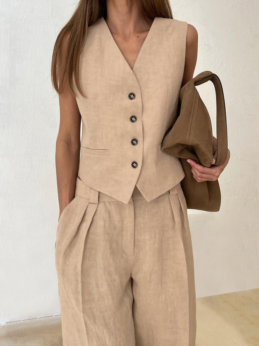 Cotton and Linen Commuter V-Neck Vest Trousers Two-Piece Set